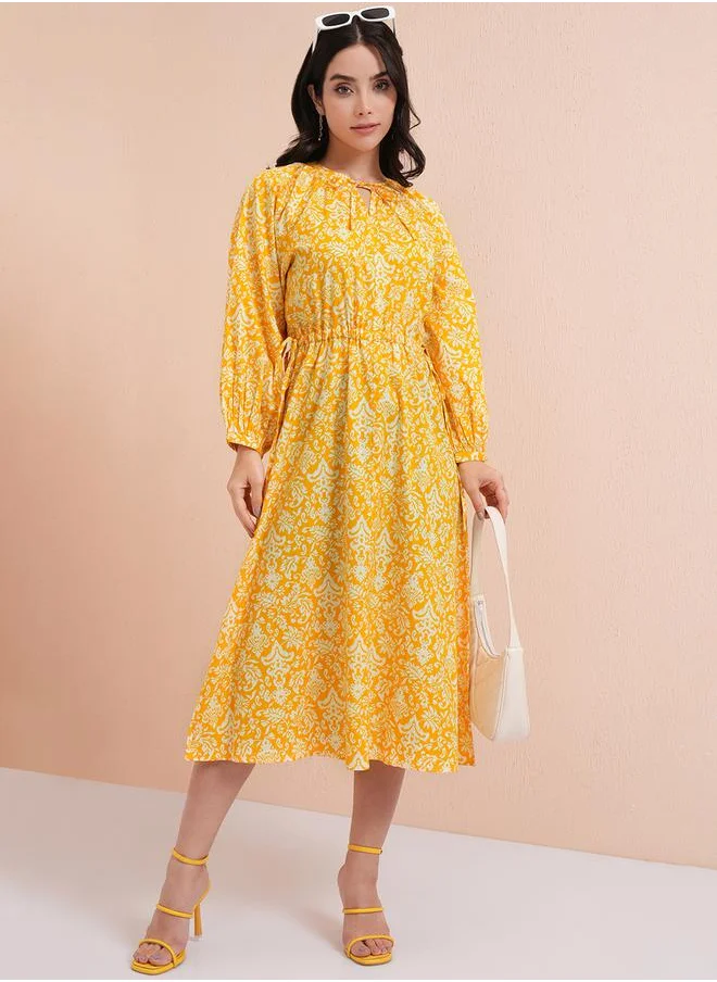 طوكيو توكيز Floral Print Balloon Sleeve Midi Dress with Ruched Waist Detail