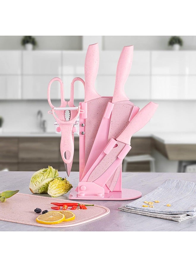 رولستيمي 7 قطع من الوردي سكين المطبخ مجموعة-غير عصا الفولاذ المقاوم للصدأ سكاكين المطبخ مجموعة مع 1 مقص و 1 مقشرة حامل و لوح تقطيع - Image 2