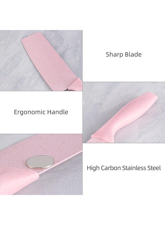 رولستيمي 7 قطع من الوردي سكين المطبخ مجموعة-غير عصا الفولاذ المقاوم للصدأ سكاكين المطبخ مجموعة مع 1 مقص و 1 مقشرة حامل و لوح تقطيع - Image 3