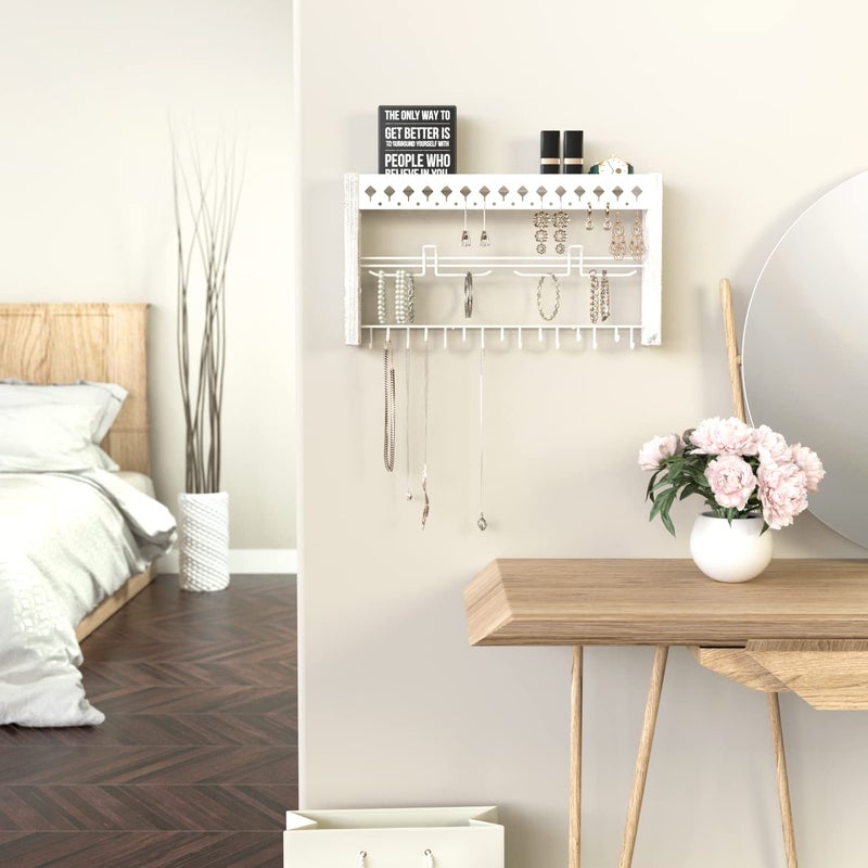 J JACKCUBE DESIGN JackCubeDesign - Wood Wall Mount Jewelry Organizer with Metal Hooks for Necklaces, Ring, Earrings (White Wood) - MK460C - Image 3