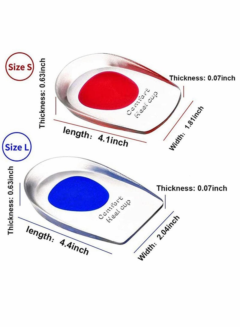 Gel Heel Cups Plantar Fasciitis Inserts - Silicone Heel Cup Pads for Bone Spurs Pain Relief Protectors of Your Sore or Bruised Feet Insole Gels Treatment 2 PCS, Red-S, Blue-L
