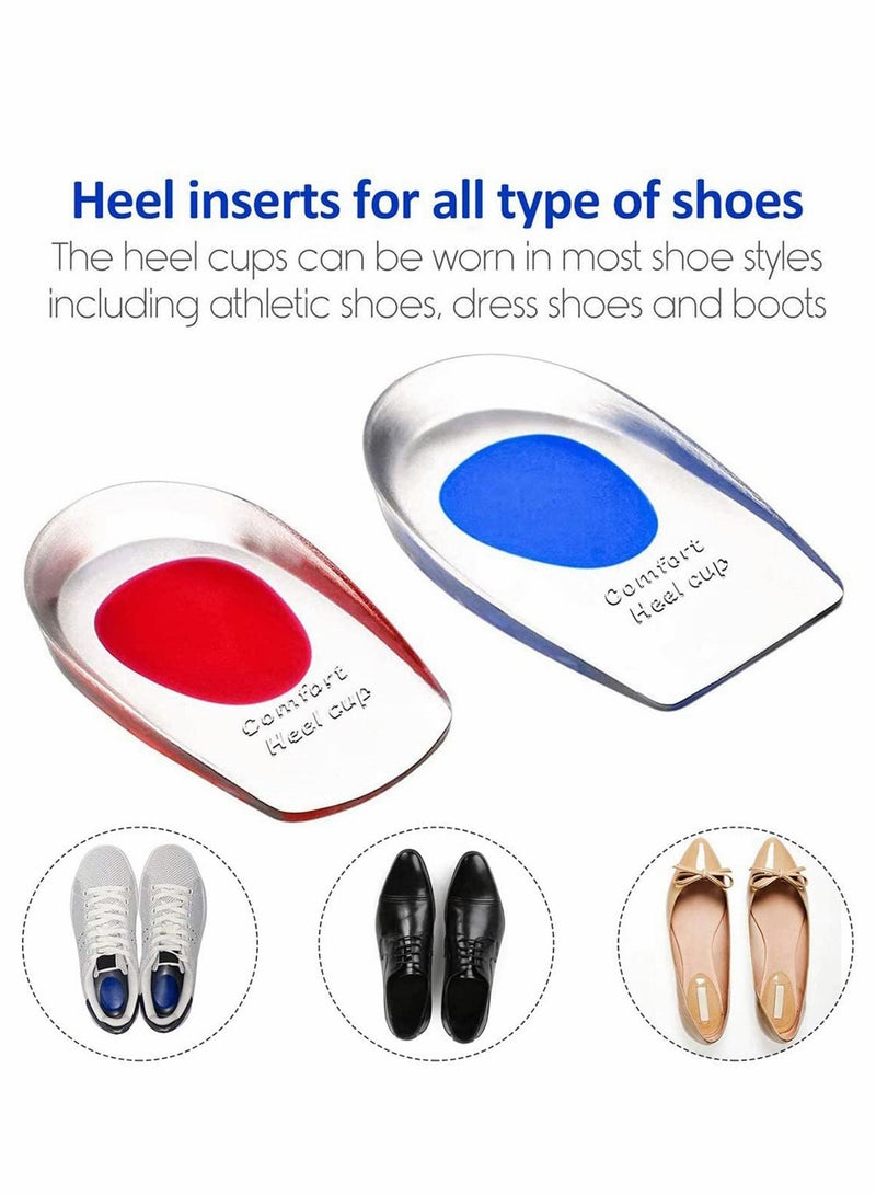 Gel Heel Cups Plantar Fasciitis Inserts - Silicone Heel Cup Pads for Bone Spurs Pain Relief Protectors of Your Sore or Bruised Feet Insole Gels Treatment 2 PCS, Red-S, Blue-L
