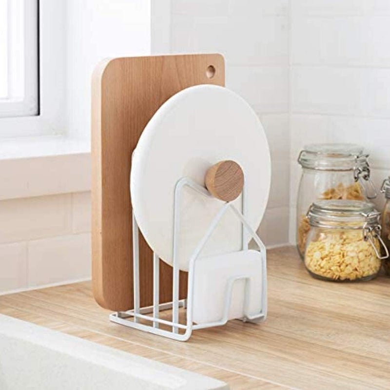 SUNFICON Cutting Board Rack Chopping Board Organizer Pot Pan Lids Holder Thin Bakeware Baking Tray Drying Display Stand Kitchen Countertop Cupboards Cabinet Office Sturdy Metal 4.92x5.7x8.47 in.White - Image 2