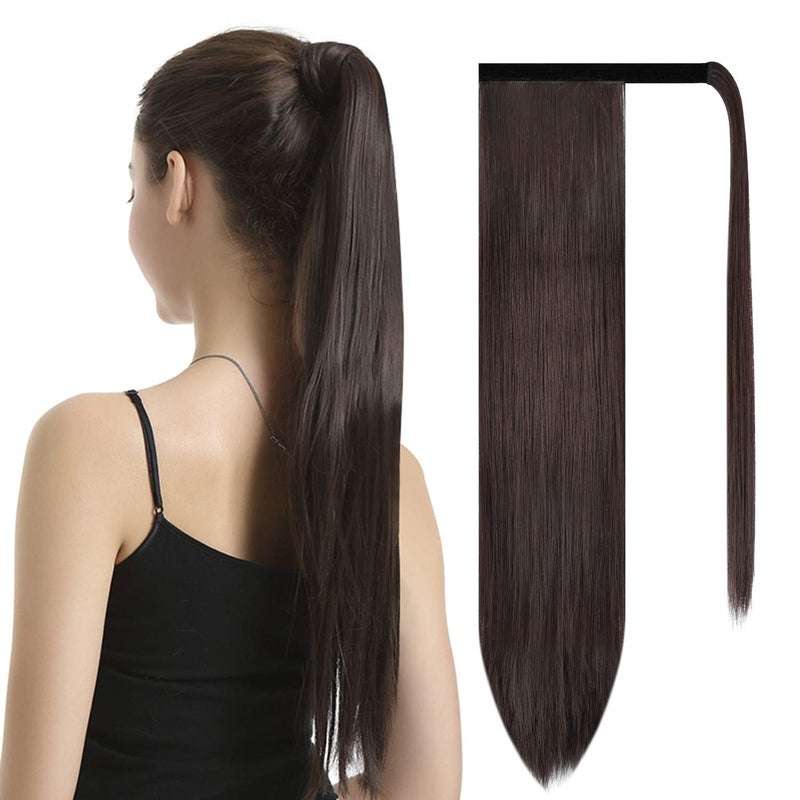 BARSDAR Dark Brown Straight Wrap Ponytail Extension - 24 Inch Long Straight Wrap Around Ponytail for Black Women, Clip in Ponytails Hair Extensions Synthetic Dark Brown Pony Tails Hairpieces - Image 1