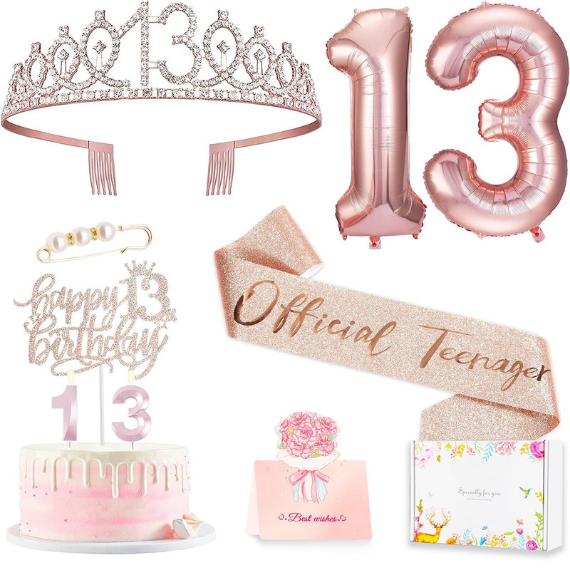 Awfrky 13th Birthday Decorations for Girls Including 13th Happy Birthday Cake Toppers Queen Sash with Pearl Pin Sweet Rhinestone Tiara Crown Number Candles and Balloons Set Rose Gold - Image 2