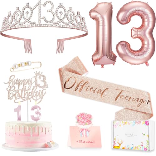 Awfrky 13th Birthday Decorations for Girls Including 13th Happy Birthday Cake Toppers Queen Sash with Pearl Pin Sweet Rhinestone Tiara Crown Number Candles and Balloons Set Rose Gold - Image 1