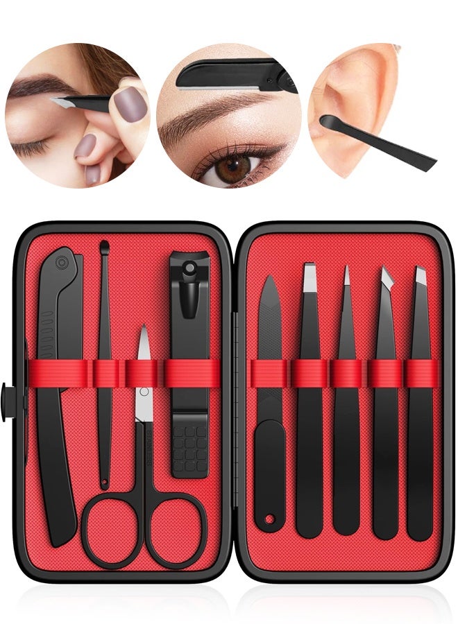 9PCS Stainless Steel Tweezers Set, Precision Eyebrow & Facial Hair Tweezers with Leather Case - Image 1