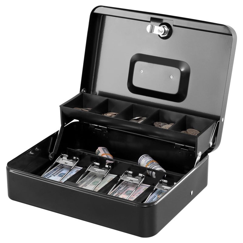 KYODOLED Locking Cash Box with Top Lock,Money Box with Cash Tray,4 Bill/5 Coin Slots,Lock Safe Box with Key,Money Saving Organizer,11.81Lx 9.45Wx 3.54H Inches,Black XL Large - Image 1
