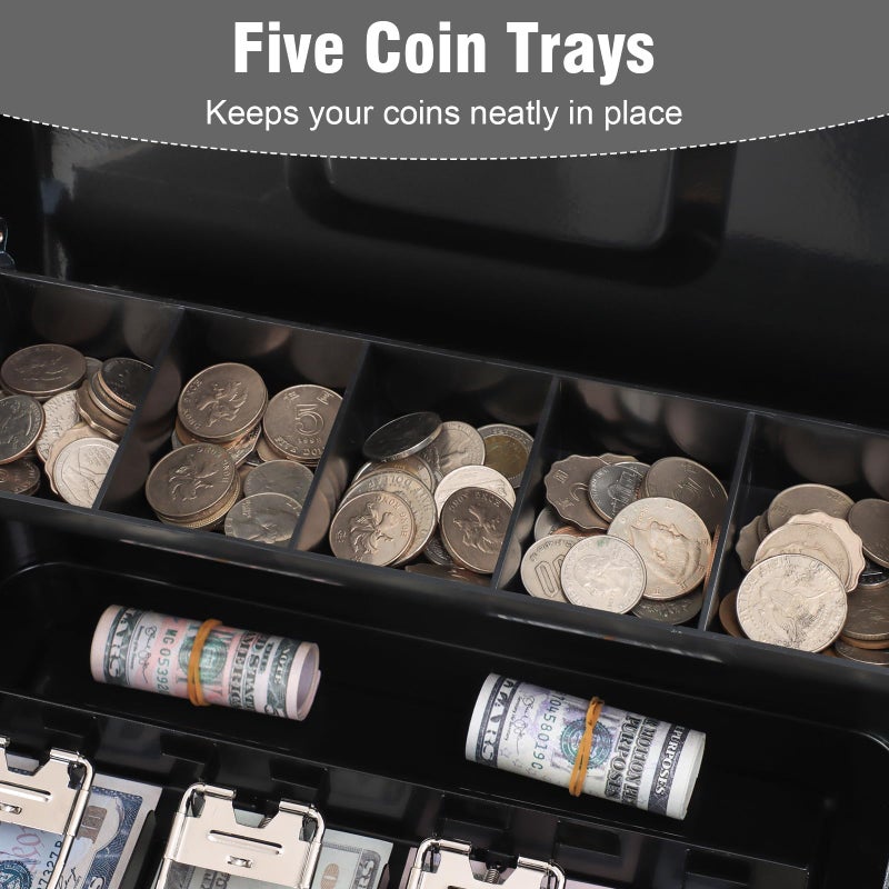 KYODOLED Locking Cash Box with Top Lock,Money Box with Cash Tray,4 Bill/5 Coin Slots,Lock Safe Box with Key,Money Saving Organizer,11.81Lx 9.45Wx 3.54H Inches,Black XL Large - Image 4