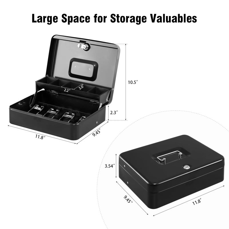 KYODOLED Locking Cash Box with Top Lock,Money Box with Cash Tray,4 Bill/5 Coin Slots,Lock Safe Box with Key,Money Saving Organizer,11.81Lx 9.45Wx 3.54H Inches,Black XL Large - Image 2