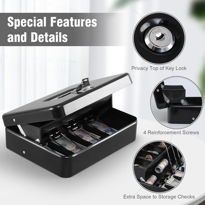 KYODOLED Locking Cash Box with Top Lock,Money Box with Cash Tray,4 Bill/5 Coin Slots,Lock Safe Box with Key,Money Saving Organizer,11.81Lx 9.45Wx 3.54H Inches,Black XL Large - Image 5