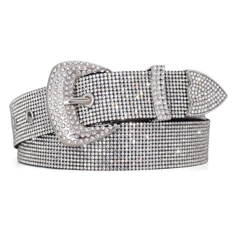 WHIPPY Rhinestones Leather Belts for Women Disco Bling Studded Belt for Jeans Pants Western Cowgirl Shiny Waist Belt, Silver, M - Image 1