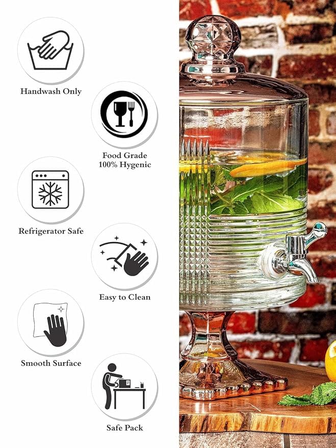 AZLVERA 5 Litre Footed Glass Juice Dispenser with Tap | Elite Detox Jar | Mason Jar Beverage Dispenser for Water, Beer, Juice, Liquor | Pack of 1 - Image 2