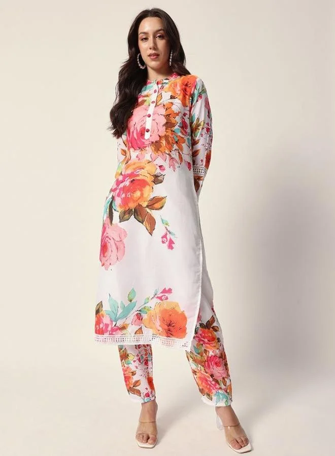 ISHIN Women's Off White Cotton Blend Embellished Tunic Top With Ankle Palazzo Flared 2 Peice Kurta Set