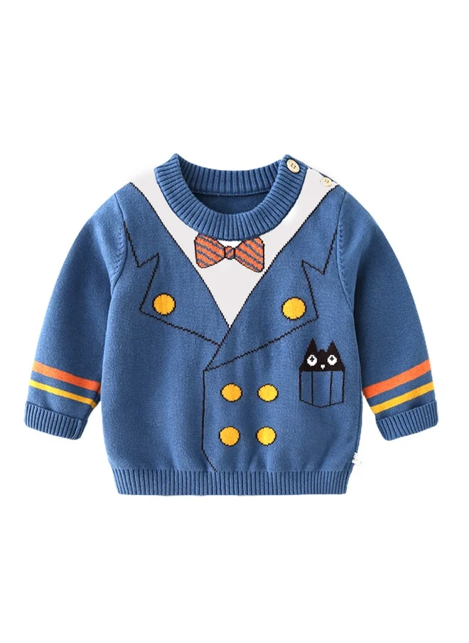 صندوق المفاجآت الصغيرة Blue, Little Man Bow Print Kids Cardigan Sweater, Round Neck