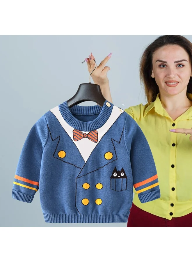 LITTLE SURPRISE BOX Blue, Little Man Bow Print Kids Cardigan Sweater, Round Neck