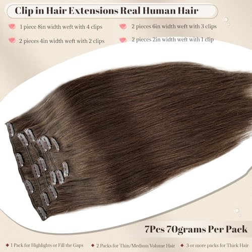 Licoville Clip in Hair Extensions Brown Real Human Hair Clip ins 18 Inch Straight Seamless Clip in Hair Extensions Remy Human Hair #4 Medium Brown 70grams 2-3 Sets for Full Head - Image 2