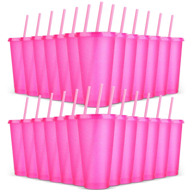 LEIFEOSH 24 Pack Plastic Tumblers with Lids and Straws  Reusable Cups with Lids Plastic Colorful Cups for Parties Birthdays  Iced Coffee Cup Travel Mug Cold Drink Cups Bulk Tumblers (24 oz  Pink) - Image 1