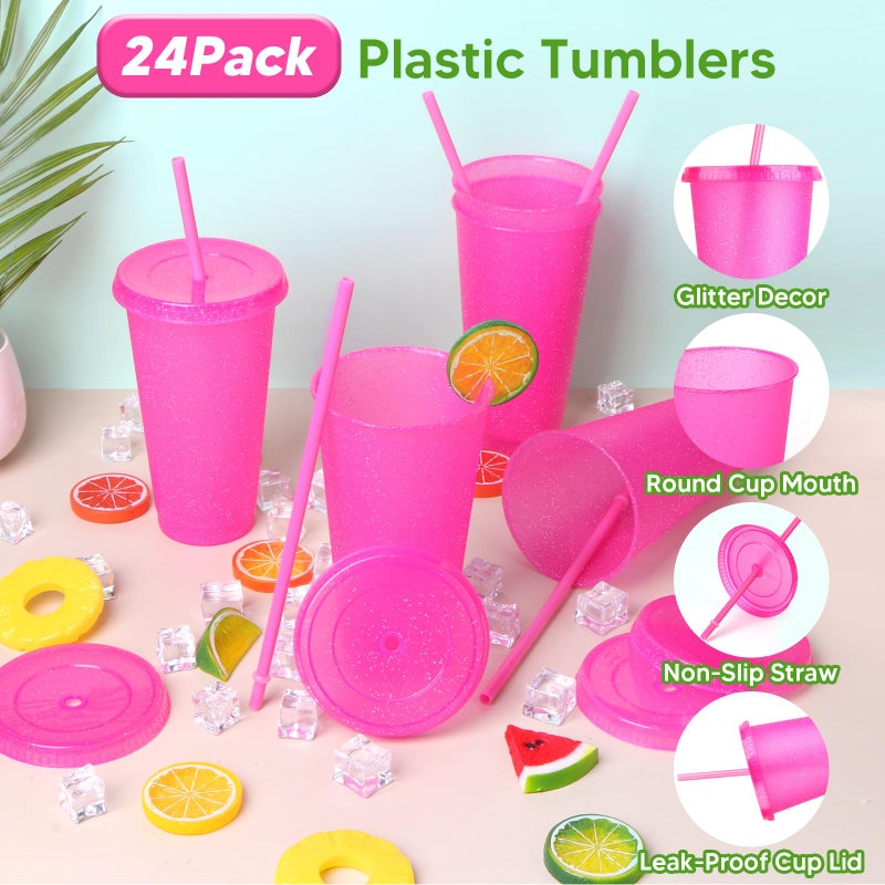 LEIFEOSH 24 Pack Plastic Tumblers with Lids and Straws  Reusable Cups with Lids Plastic Colorful Cups for Parties Birthdays  Iced Coffee Cup Travel Mug Cold Drink Cups Bulk Tumblers (24 oz  Pink) - Image 3