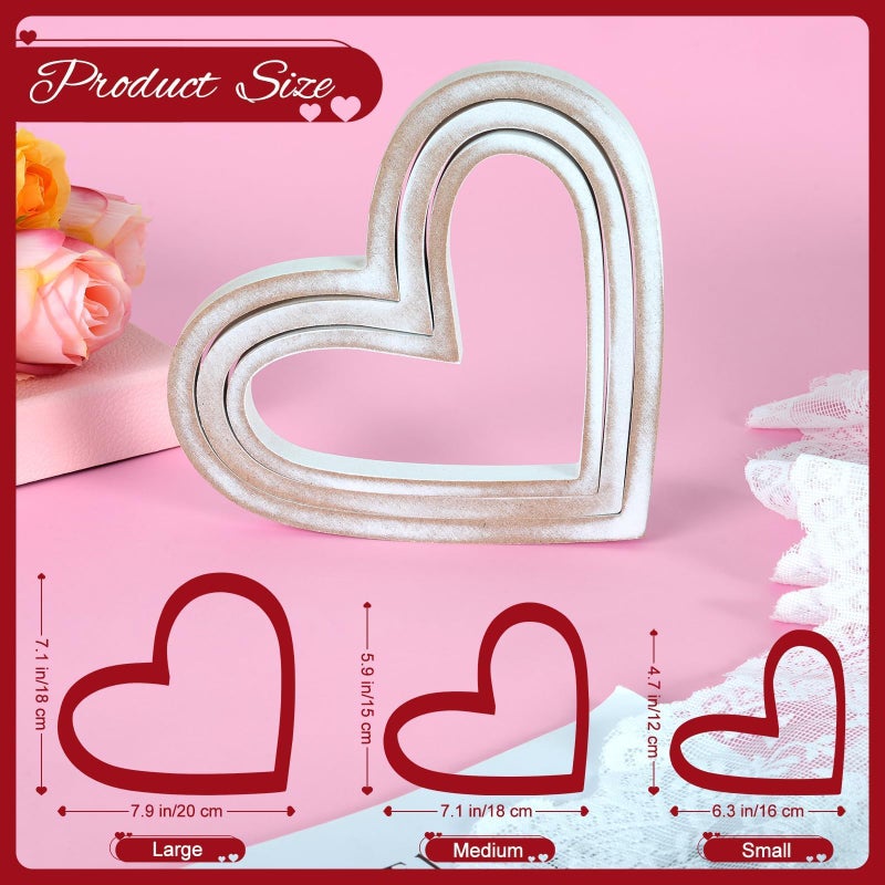 ARQRHTLY 3 Pcs Vintage Valentines Wooden Heart Decorations, Rustic Farmhouse Wooden Heart Tabletop Decors, Valentines Figurines Centerpieces, Freestanding Tiered Tray Signs for Wedding Anniversary - Image 3
