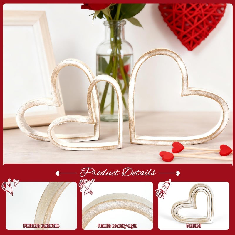 ARQRHTLY 3 Pcs Vintage Valentines Wooden Heart Decorations, Rustic Farmhouse Wooden Heart Tabletop Decors, Valentines Figurines Centerpieces, Freestanding Tiered Tray Signs for Wedding Anniversary - Image 4