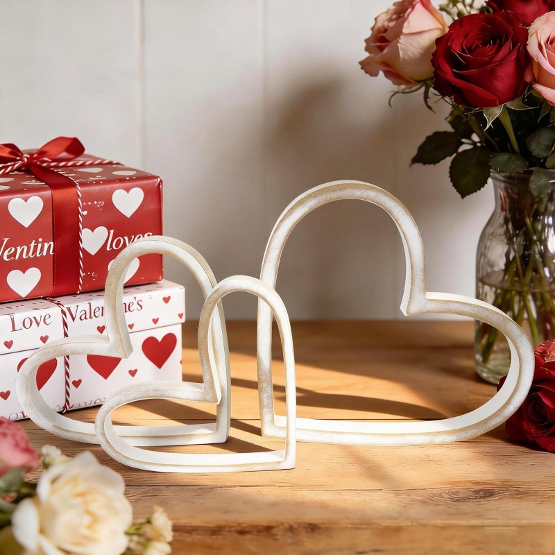 ARQRHTLY 3 Pcs Vintage Valentines Wooden Heart Decorations, Rustic Farmhouse Wooden Heart Tabletop Decors, Valentines Figurines Centerpieces, Freestanding Tiered Tray Signs for Wedding Anniversary - Image 1
