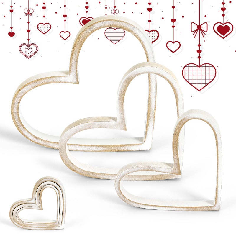 ARQRHTLY 3 Pcs Vintage Valentines Wooden Heart Decorations, Rustic Farmhouse Wooden Heart Tabletop Decors, Valentines Figurines Centerpieces, Freestanding Tiered Tray Signs for Wedding Anniversary - Image 2