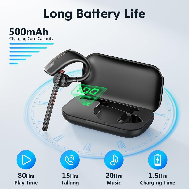 New Bee Bluetooth Headset, Wireless Bluetooth Earpiece for Cellphone with 500mah Charging Case 80h Playtime V5.2 Dual Mic Noise Cancelling Hands-Free Earphones for Office Driver - Image 2