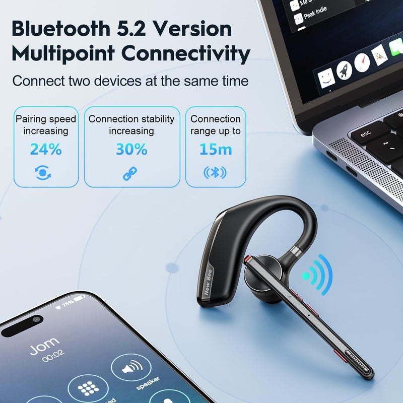 New Bee Bluetooth Headset, Wireless Bluetooth Earpiece for Cellphone with 500mah Charging Case 80h Playtime V5.2 Dual Mic Noise Cancelling Hands-Free Earphones for Office Driver - Image 4