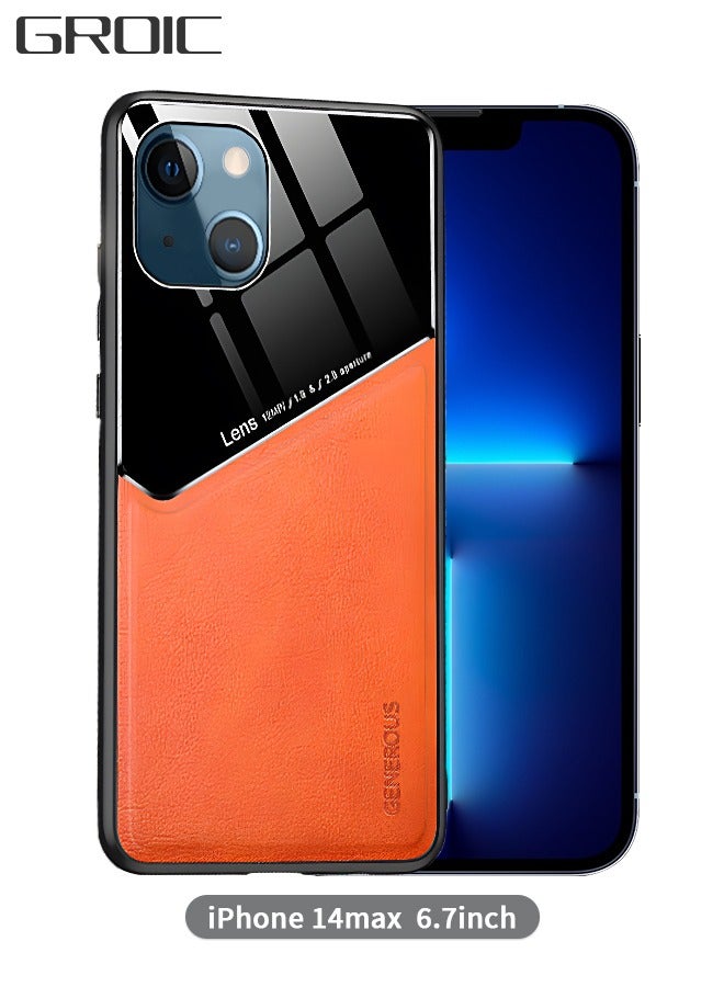 GROIC IPhone 14 Max Case 6.7 Inch Magnetic Leather + Glass Fashion iPhone 14 Max Phone Case, Luxury Shockproof Drop Protective Back Cover - Orange - Image 1