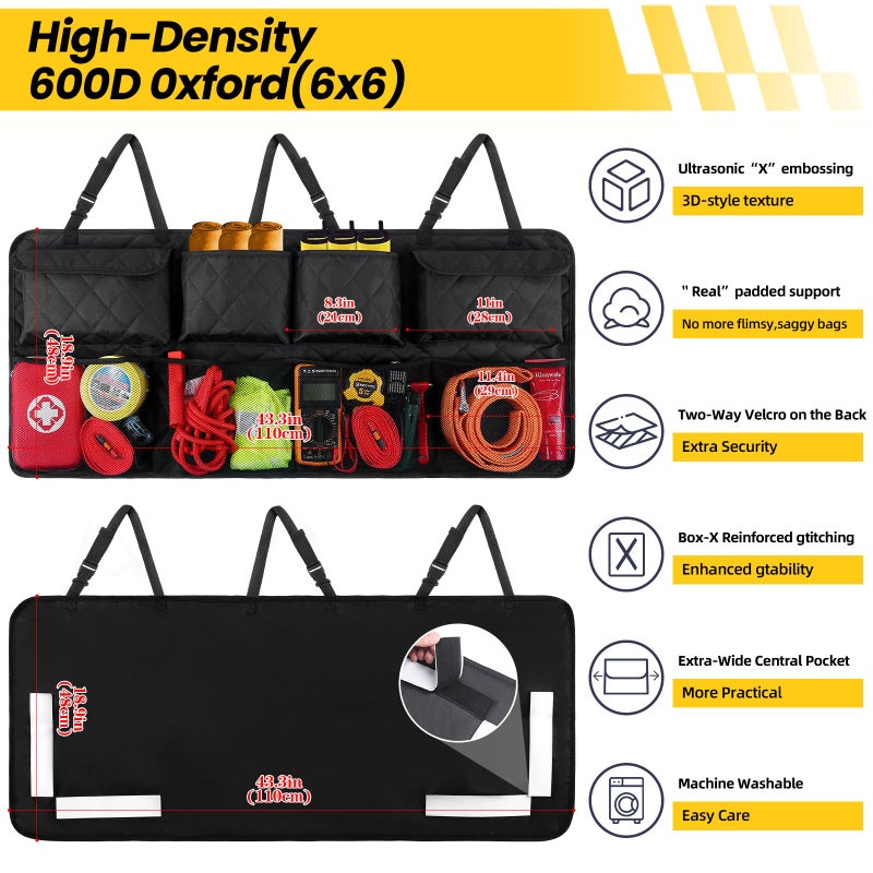 Snuopfy Car Trunk Hanging Organizer 3D Textured (Extra-Long), Cotton-Padded Farewell to Collapse, Reinforced Stitching, Extra-Wide Pocket, Backseat Grocery Storage Bag with 8 Pockets for SUV,Truck,Van - Image 4