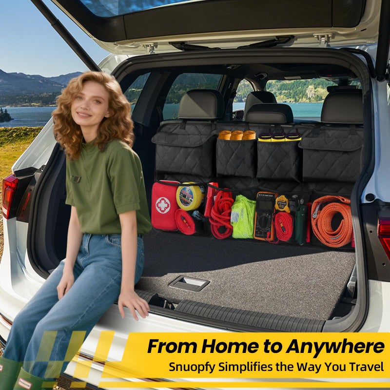 Snuopfy Car Trunk Hanging Organizer 3D Textured (Extra-Long), Cotton-Padded Farewell to Collapse, Reinforced Stitching, Extra-Wide Pocket, Backseat Grocery Storage Bag with 8 Pockets for SUV,Truck,Van - Image 5