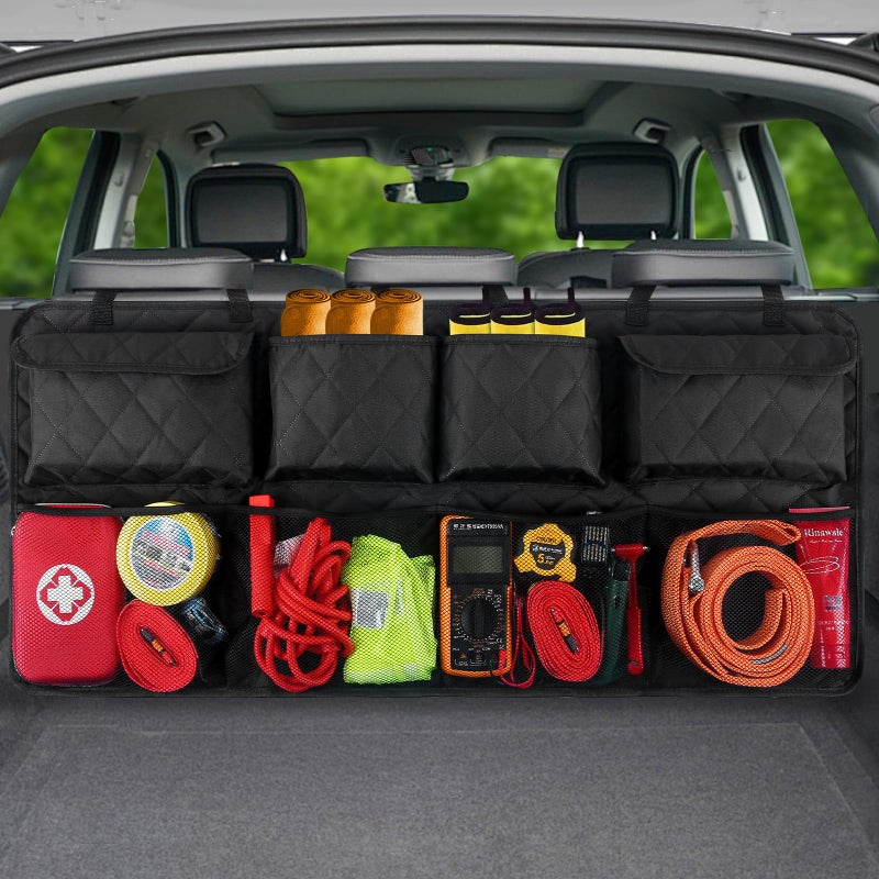 Snuopfy Car Trunk Hanging Organizer 3D Textured (Extra-Long), Cotton-Padded Farewell to Collapse, Reinforced Stitching, Extra-Wide Pocket, Backseat Grocery Storage Bag with 8 Pockets for SUV,Truck,Van - Image 1