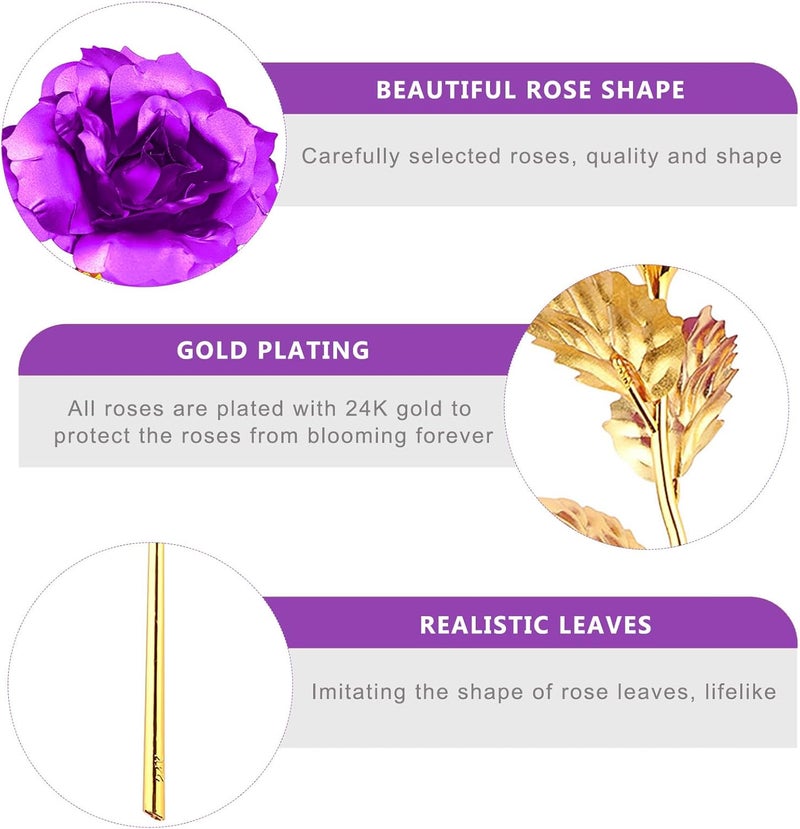 ALLOMN (Purple) - 24K Gold Rose, Long Stem Real Rose Dipped in Gold with Gift Box, Best Valentine's Day Gift (Purple) - Image 3