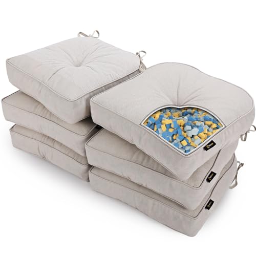 SUNROX LokGrip Non Slip Gel Memory Foam Chair Cushions for Dining Chairs Tailbone Pain Relief Tufted Stain Resistant Thicken Durable Chair Pad for Dining Kitchen Office 17x16 Set of 6 Cream