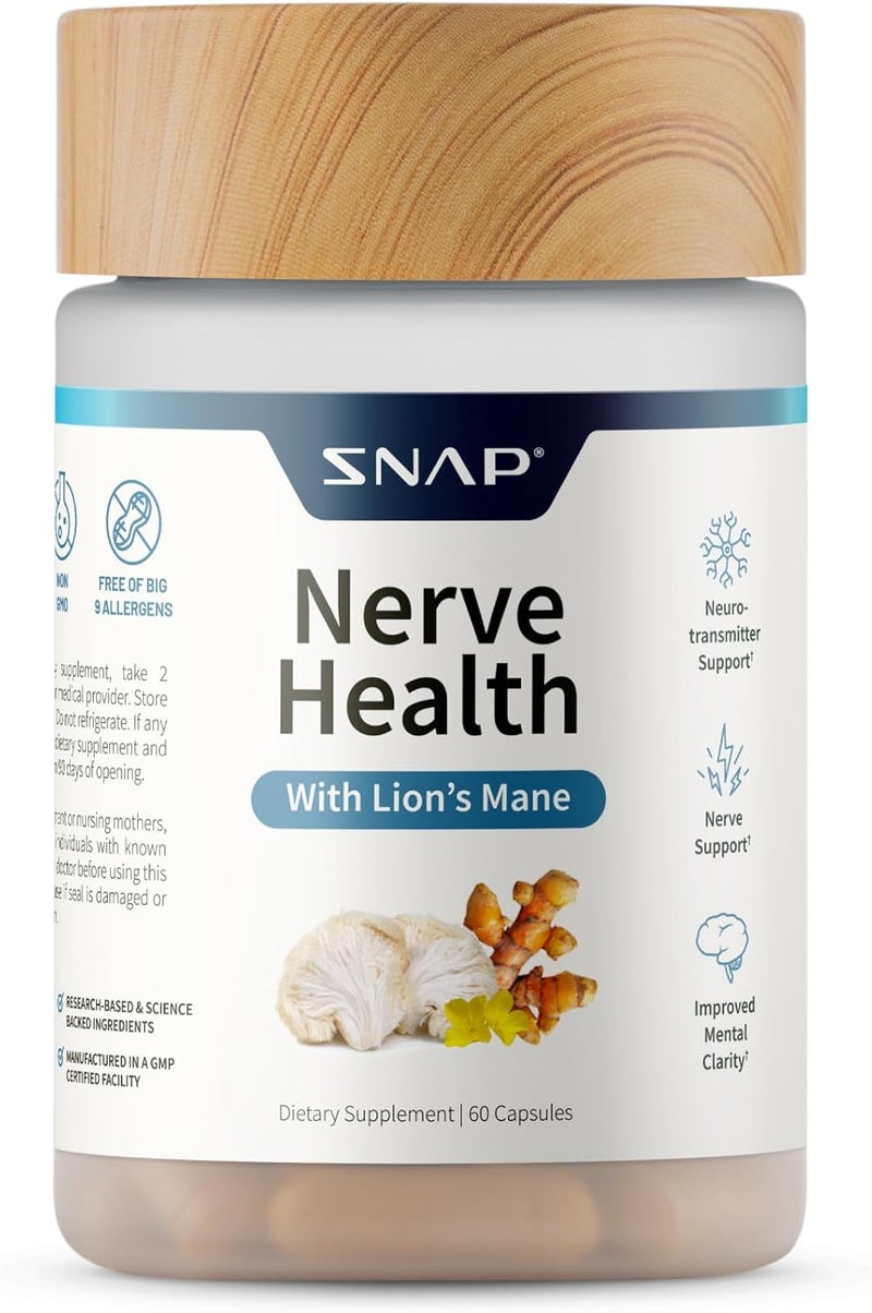 SNAP SUPPLEMENTS Nerve Health Support Supplement with Lions Mane  Improved Mental Clarity Memory  Focus  Healthy Nerve Support Formula  Neuro Enhancer  Organic Turmeric  Other Herbs  Vitamins 60 Capsules - Image 1