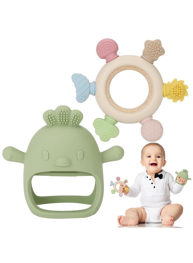 Socub 2 Pack Baby Teething Toys for Babies 0-6 Months, Silicone Teething Mitten and Wooden Ring Toy for Babies 6-12 Months, No Drop Teether Mitten and Ring Teether for Teething Relief(Olive) - Image 1