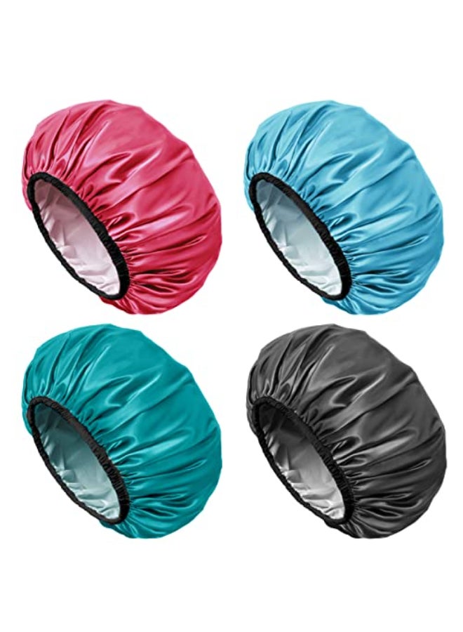 Aquior Shower Cap for Women Reusable Extra Large Shower Cap for MenSatin EVA Double Layer Waterproof Hair Cap For Long Hair 4 Pieces - Image 1