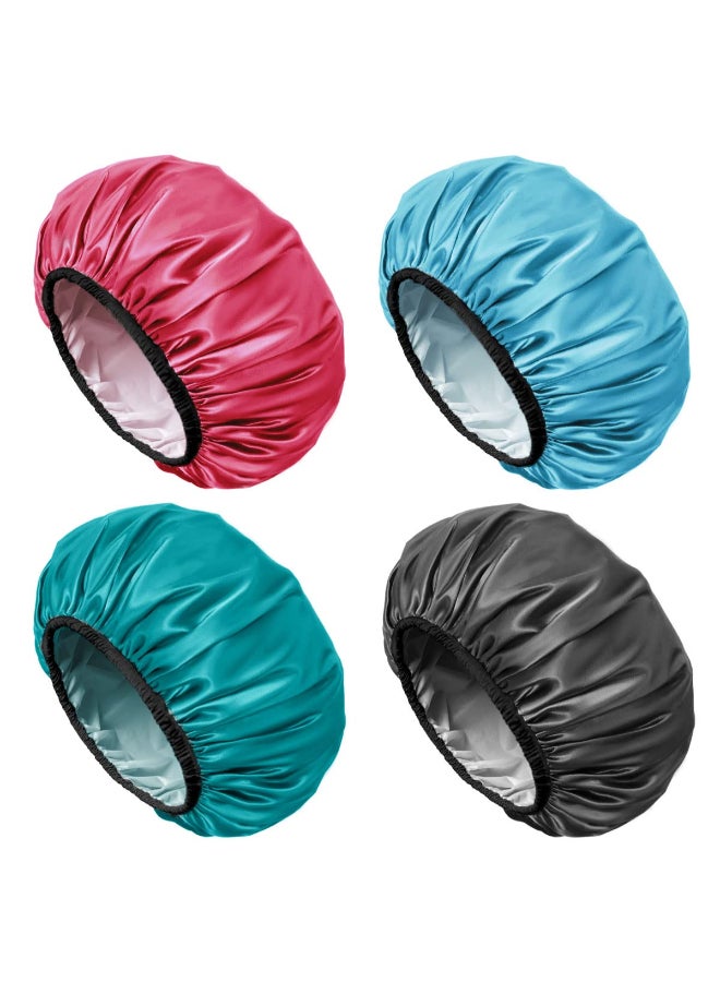 Aquior Shower Cap for Women Reusable Extra Large Shower Cap for MenSatin EVA Double Layer Waterproof Hair Cap For Long Hair 4 Pieces - Image 3