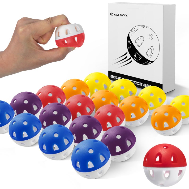 Full Choice Practice Golf Balls (20 Pack), Limited-Flight Training Balls, High Visibility, Wear-Resistant Design for Indoor/Outdoor Drills, 5 Colors - Image 1