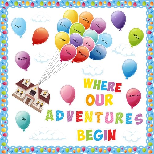 B1ykin 121Pcs Colorful Balloons Bulletin Board Name Tags Decoration Set Mix Adventure Balloon Cloud Cutout Borders Accents Classroom Welcome Wall Chalkboard Party Supplies for Elementary School Door - Image 1
