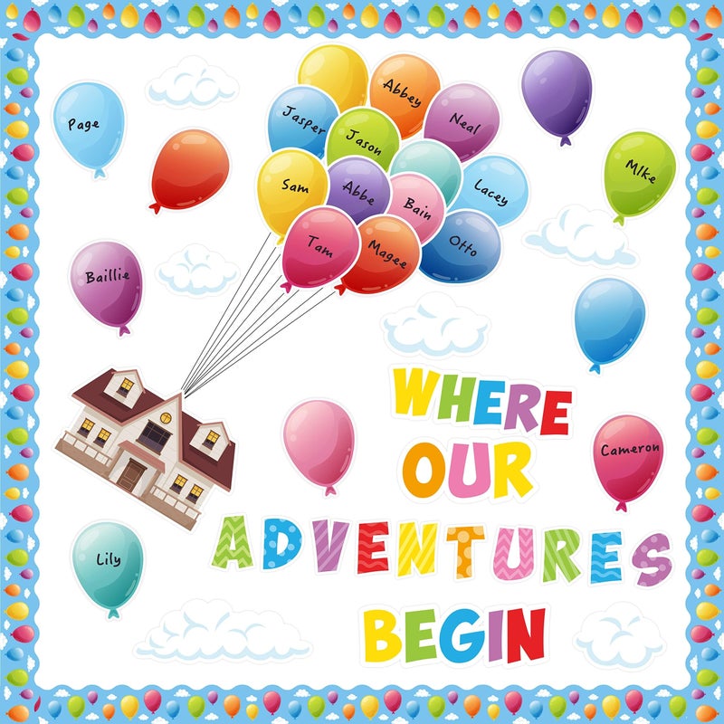 B1ykin 121Pcs Colorful Balloons Bulletin Board Name Tags Decoration Set Mix Adventure Balloon Cloud Cutout Borders Accents Classroom Welcome Wall Chalkboard Party Supplies for Elementary School Door - Image 2