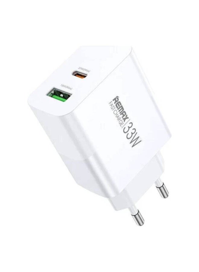 REMAX 2 IN 1 Fast Charger , USB AND TYPE-C Port 33 w , mini and easy carry white color . use all devices type c and high power - Image 1