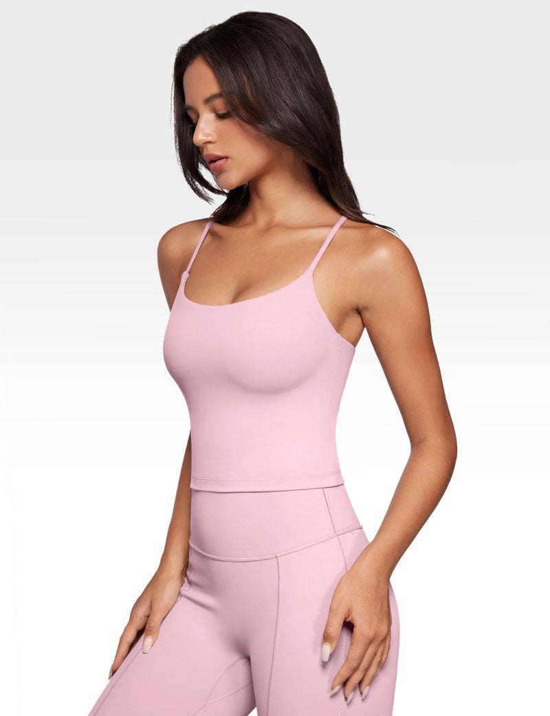 INGIA Womens Low Scoop Neck Tank Tops Built in Bra U Back Workout Tanks Spaghetti Criss Cross Strap Sleeveless Cropped Top Milk Pink X-Small - Image 2