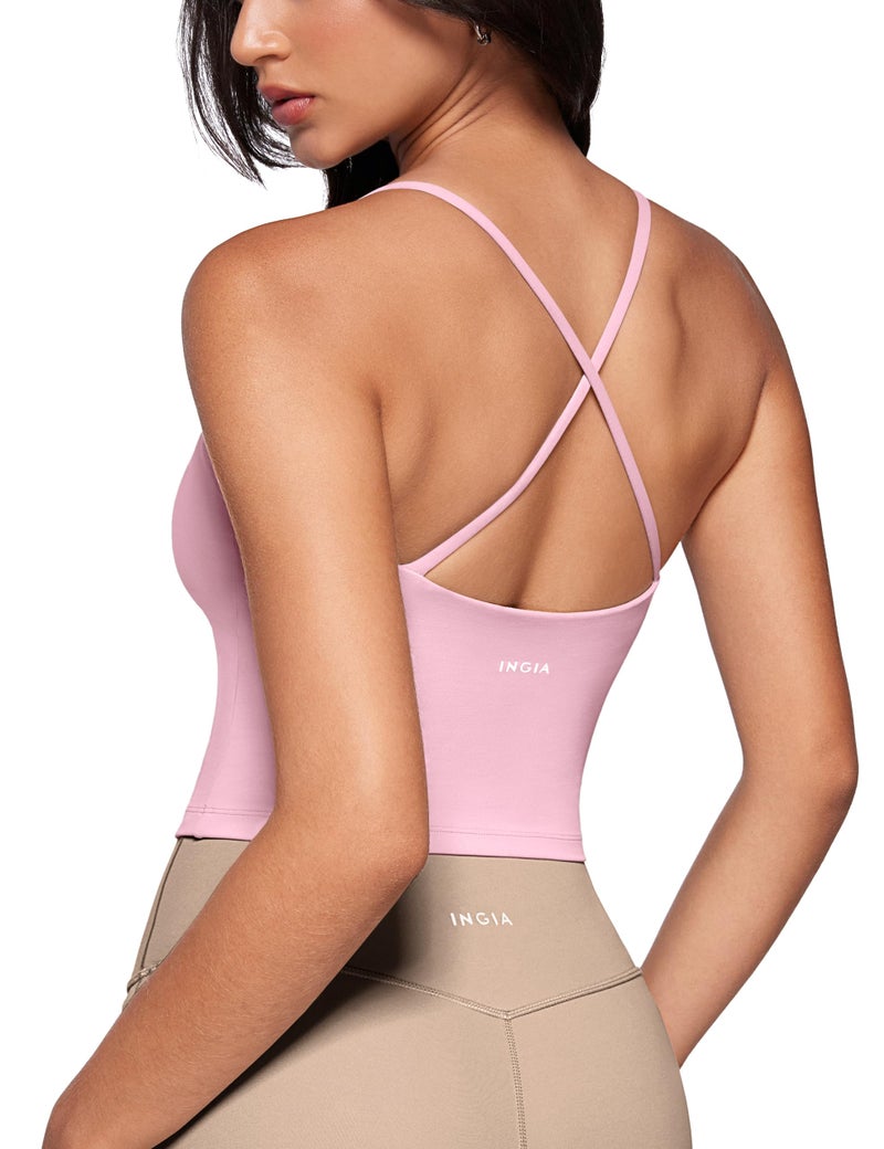 INGIA Womens Low Scoop Neck Tank Tops Built in Bra U Back Workout Tanks Spaghetti Criss Cross Strap Sleeveless Cropped Top Milk Pink X-Small - Image 1