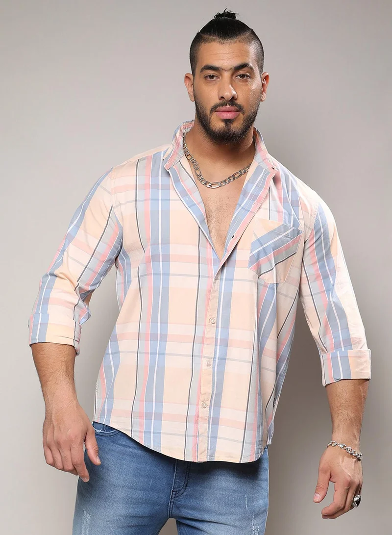 Instafab Plus Instafab Plus Men's Multicolour Contrast Panel Plaid Shirt For Casual Wear | Spread Collar | Long Sleeve | Button Closure | Cotton Shirt Crafted With Comfort Fit For Everyday Wear