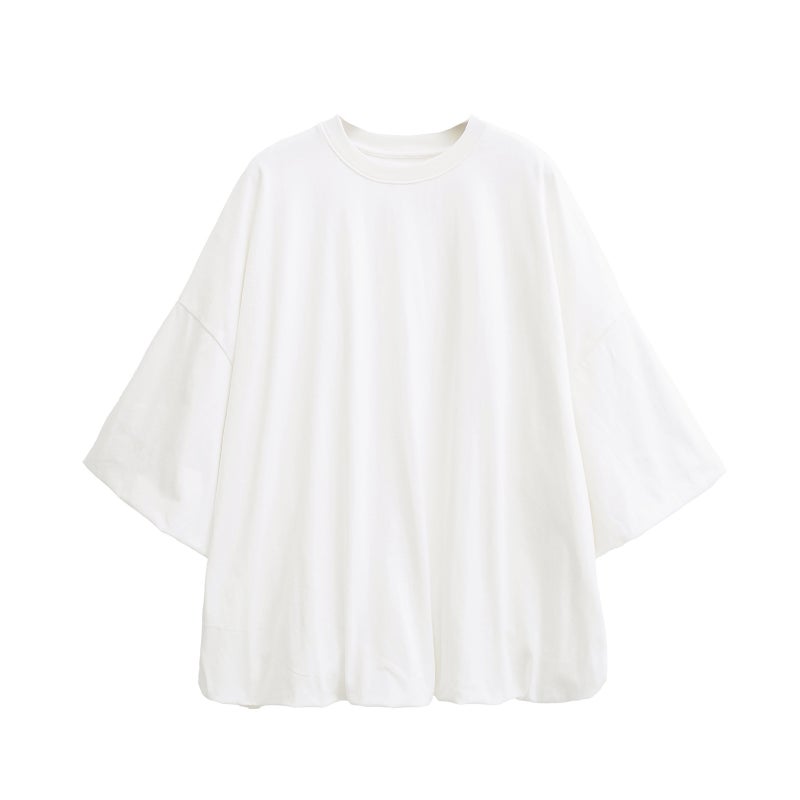 Style Style Small Round Neck Mid-Sleeve Super Loose Long T-Shirt Flower Bud Pleated Top Puff Sleeves - Image 5