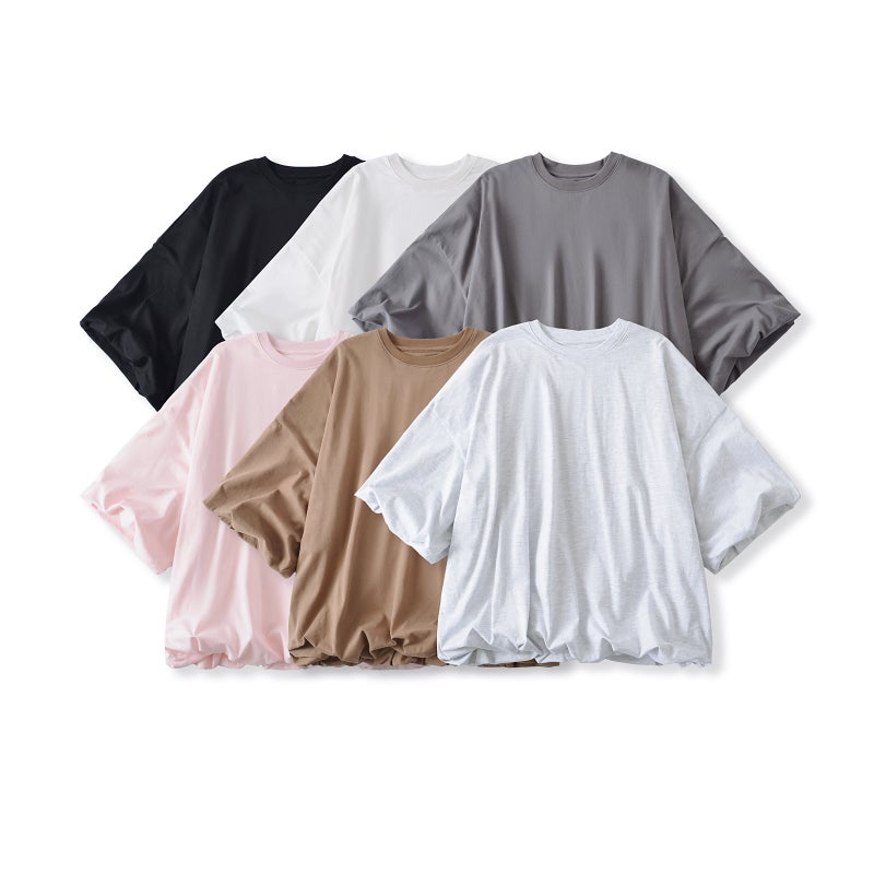 Style Style Small Round Neck Mid-Sleeve Super Loose Long T-Shirt Flower Bud Pleated Top Puff Sleeves - Image 2