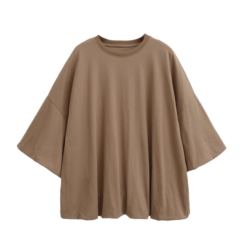Style Style Small Round Neck Mid-Sleeve Super Loose Long T-Shirt Flower Bud Pleated Top Puff Sleeves - Image 1