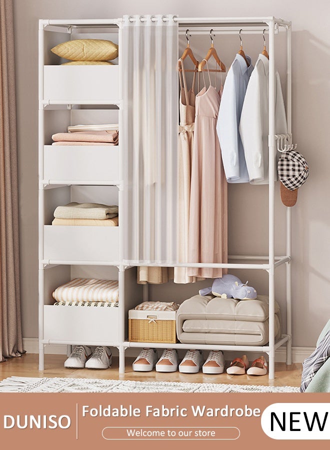 DUNISO خزانة قماش محمولة، خزانة قماش غير منسوجة مع 4 صناديق تخزين، 4 خطافات وستارة، خزانة ذات سعة كبيرة، منظم تخزين للملابس والأحذية وغرفة النوم وغرفة المعيشة - Image 1